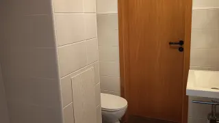Modernes Badezimmer der Ferienwohnung mit Dusche, WC und Waschbecken